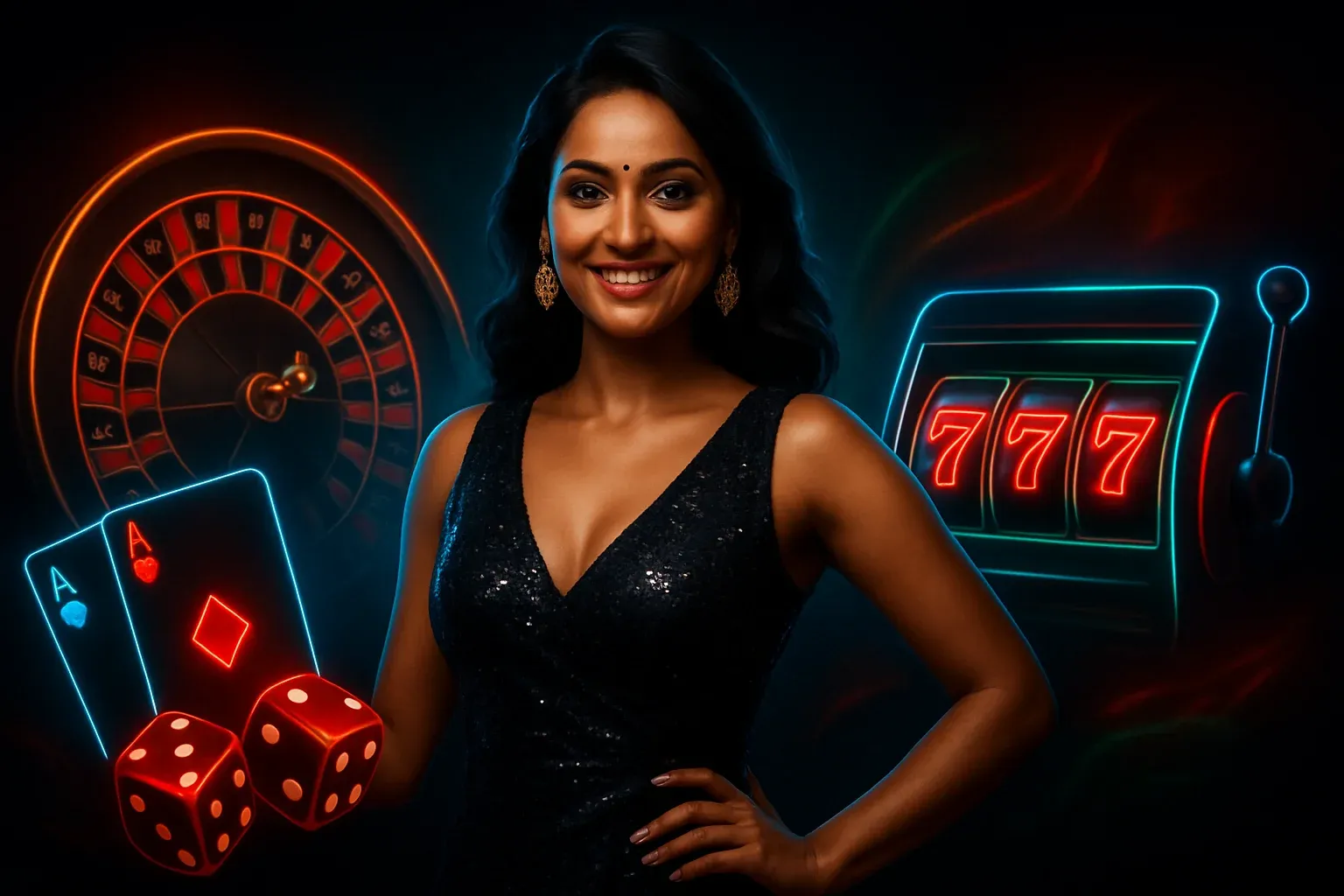 Hyperrealistic Indian woman in glamorous outfit with casino elements like roulette, cards, dice, and slots on dark neon background