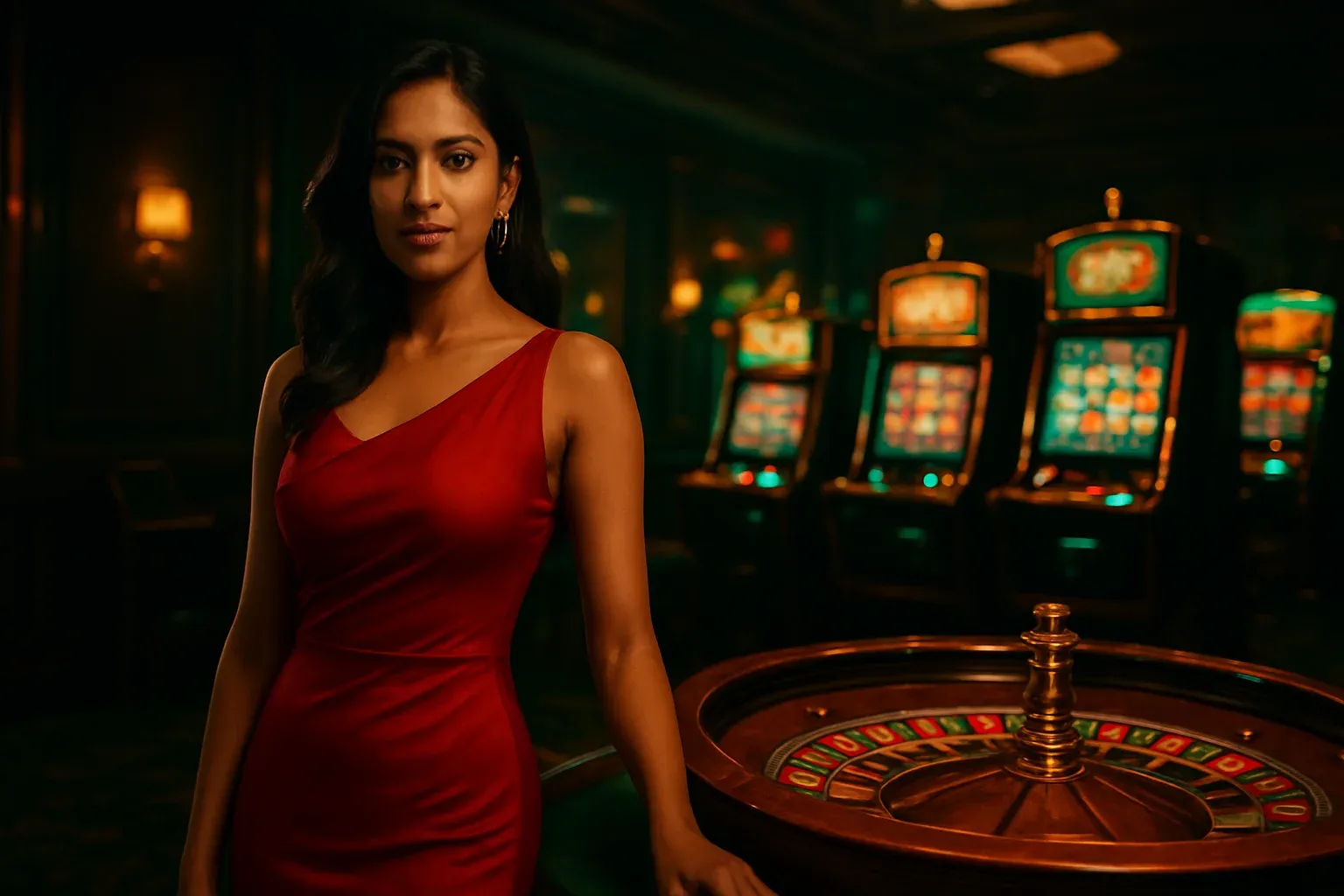 Beautiful Indian woman in red dress near roulette and slot machines in luxury casino